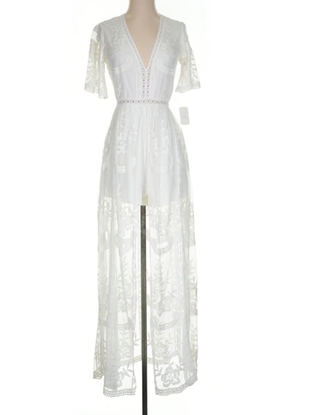 White Lace Maxi Romper Dress with Deep V